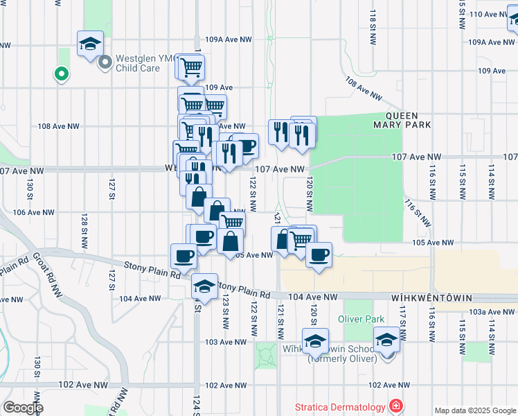 map of restaurants, bars, coffee shops, grocery stores, and more near 10619 122 Street Northwest in Edmonton