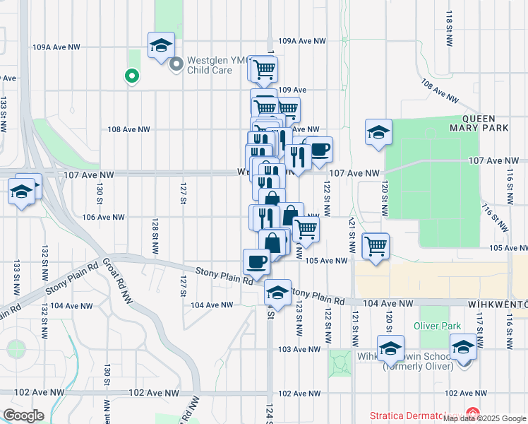 map of restaurants, bars, coffee shops, grocery stores, and more near 10616 124 Street in Edmonton