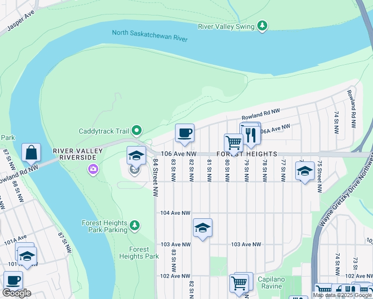 map of restaurants, bars, coffee shops, grocery stores, and more near 10623 82 Street Northwest in Edmonton