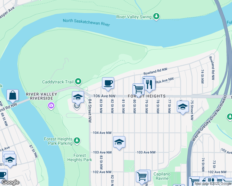map of restaurants, bars, coffee shops, grocery stores, and more near 10623 82 Street Northwest in Edmonton
