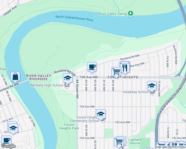 map of restaurants, bars, coffee shops, grocery stores, and more near 10610 82 Street Northwest in Edmonton