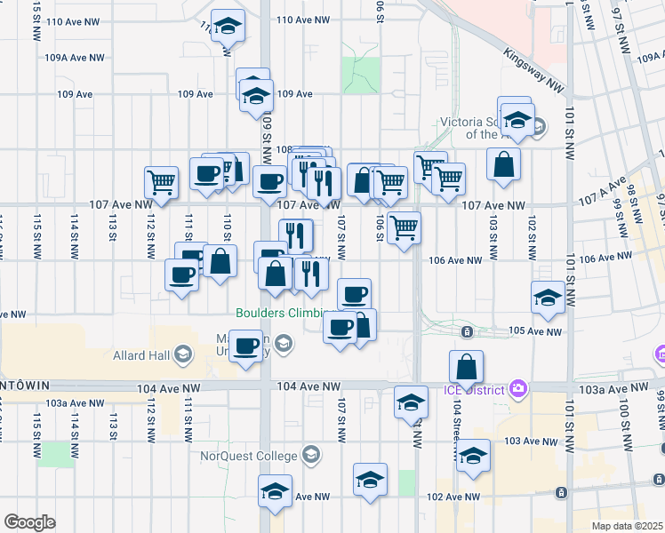 map of restaurants, bars, coffee shops, grocery stores, and more near 10604 107 Street Northwest in Edmonton