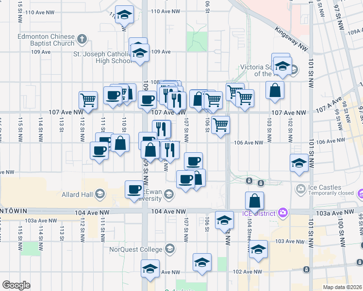 map of restaurants, bars, coffee shops, grocery stores, and more near 10604 107 Street Northwest in Edmonton