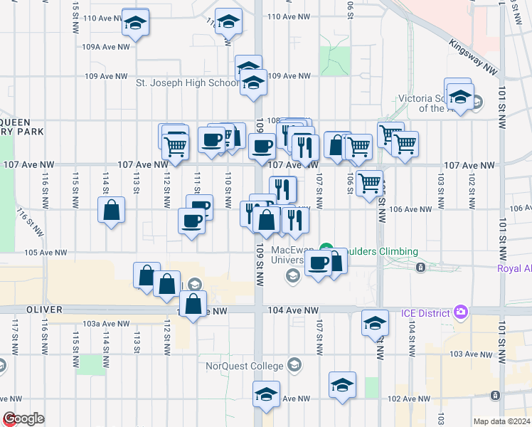 map of restaurants, bars, coffee shops, grocery stores, and more near 10607 109 Street Northwest in Edmonton