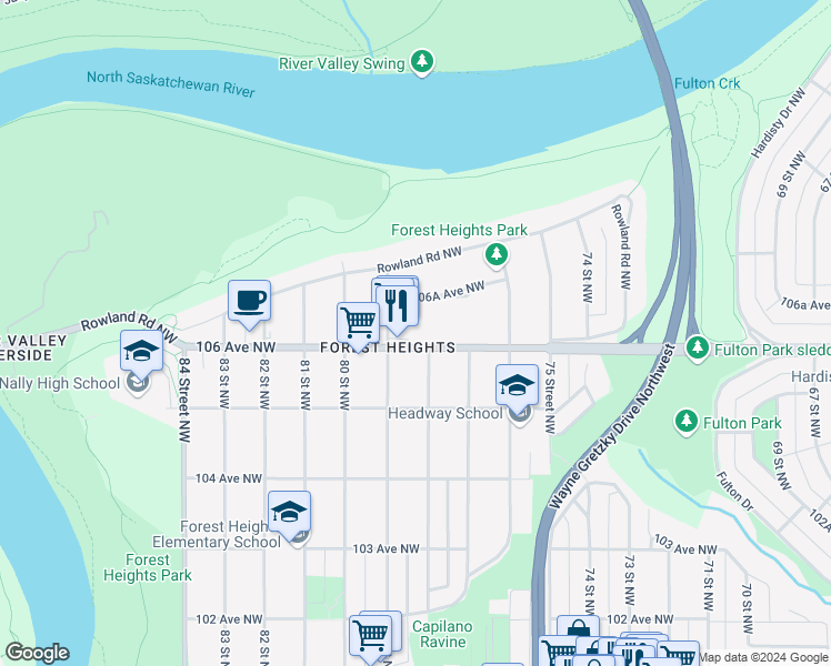 map of restaurants, bars, coffee shops, grocery stores, and more near 7815 106A Avenue Northwest in Edmonton