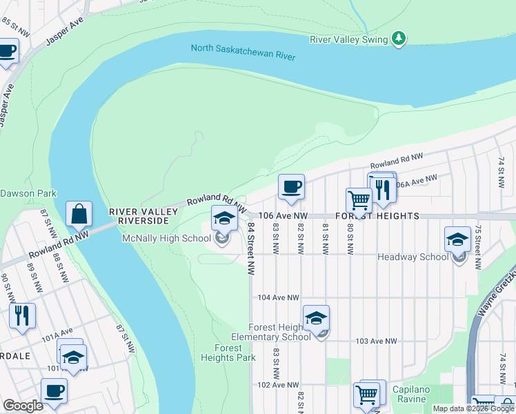 map of restaurants, bars, coffee shops, grocery stores, and more near in Edmonton