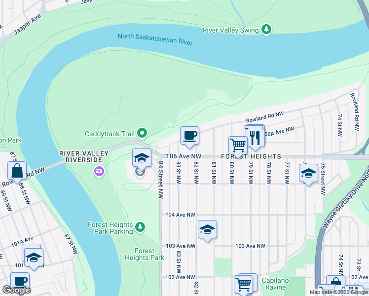 map of restaurants, bars, coffee shops, grocery stores, and more near 10639 83 Street Northwest in Edmonton