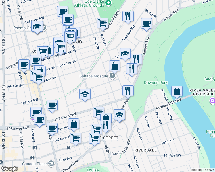 map of restaurants, bars, coffee shops, grocery stores, and more near 10434 93 Street Northwest in Edmonton