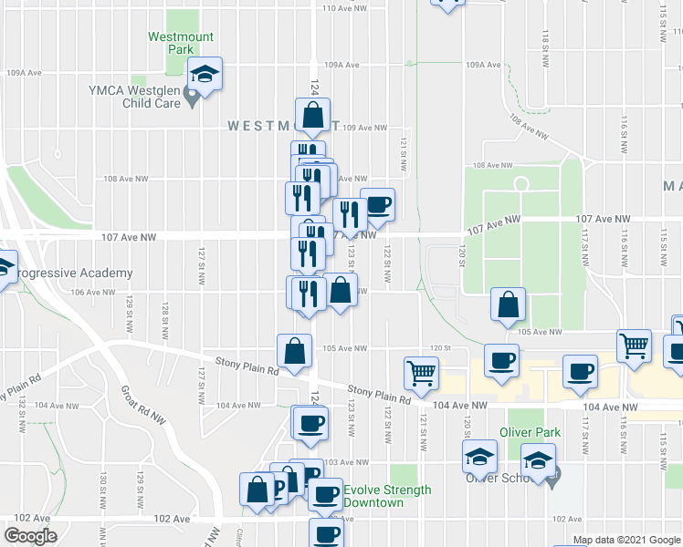 map of restaurants, bars, coffee shops, grocery stores, and more near 10619 124 Street in Edmonton
