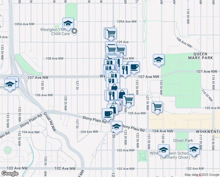 map of restaurants, bars, coffee shops, grocery stores, and more near 10616 124 Street in Edmonton