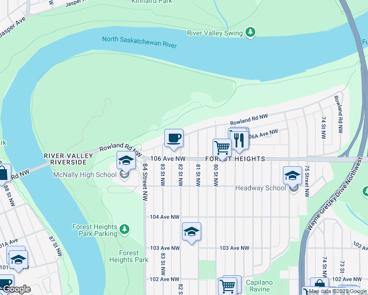 map of restaurants, bars, coffee shops, grocery stores, and more near 10623 82 Street Northwest in Edmonton
