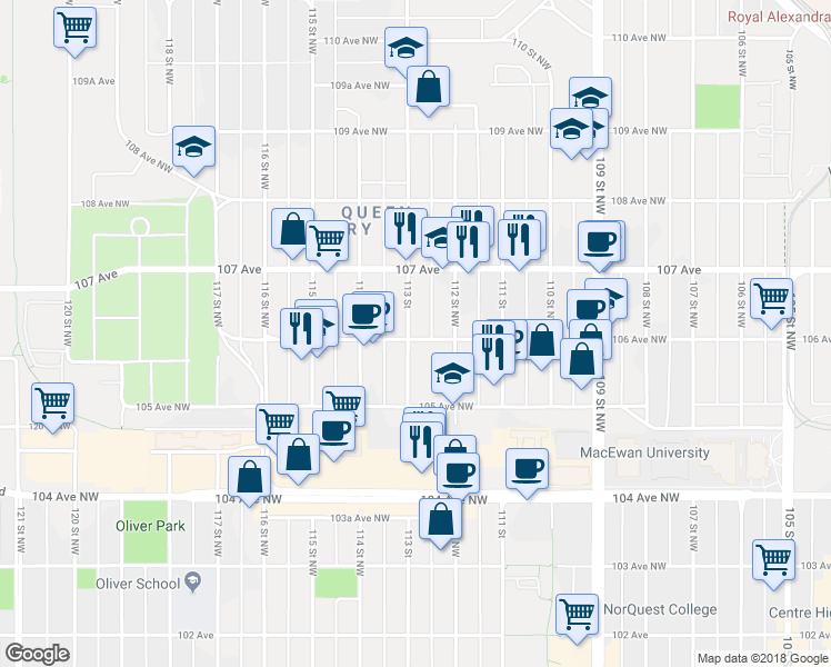 map of restaurants, bars, coffee shops, grocery stores, and more near 11228 106 Avenue Northwest in Edmonton