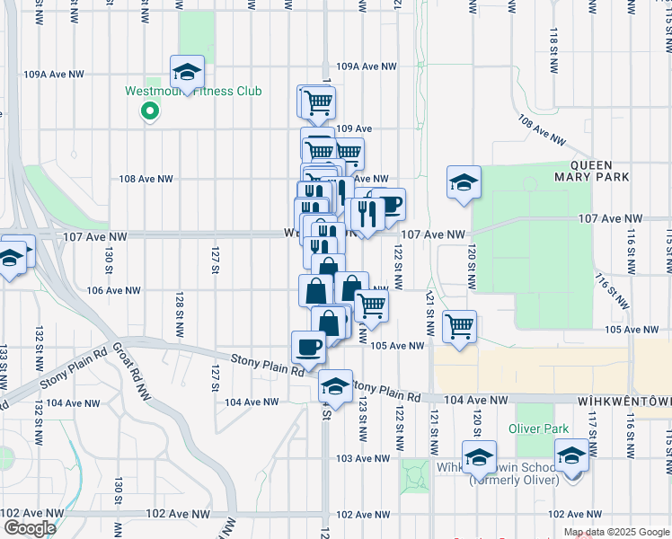 map of restaurants, bars, coffee shops, grocery stores, and more near 10619 124 Street in Edmonton