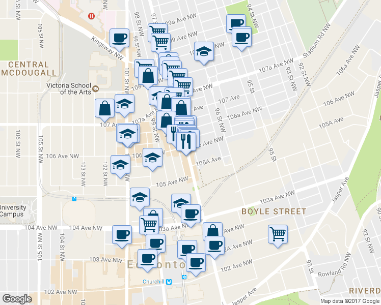 map of restaurants, bars, coffee shops, grocery stores, and more near 10575 97 Street Northwest in Edmonton