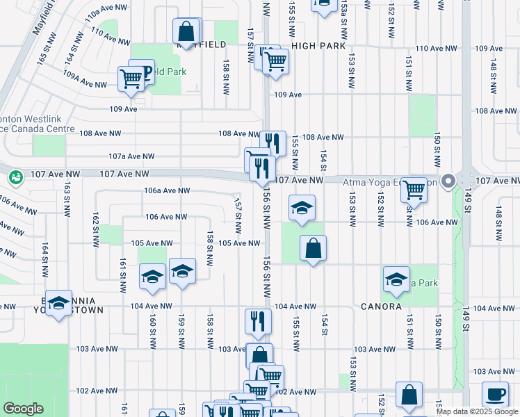 map of restaurants, bars, coffee shops, grocery stores, and more near 10616 156 Street Northwest in Edmonton