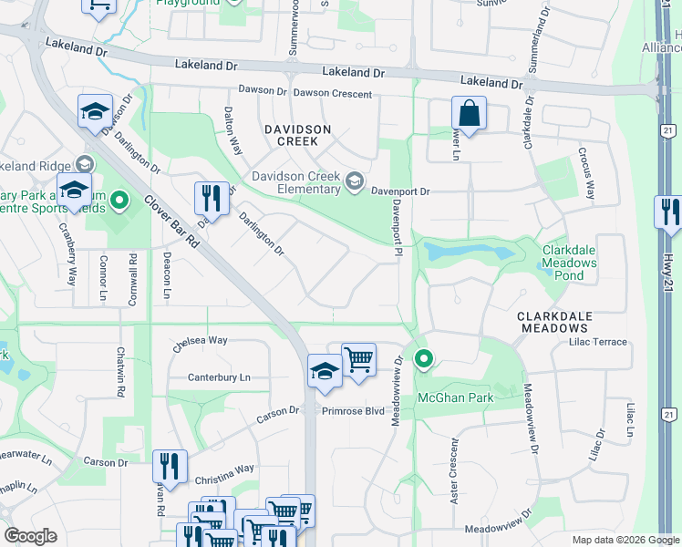 map of restaurants, bars, coffee shops, grocery stores, and more near 18 Davy Crescent in Sherwood Park