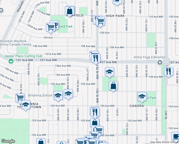 map of restaurants, bars, coffee shops, grocery stores, and more near 10541 157 Street Northwest in Edmonton