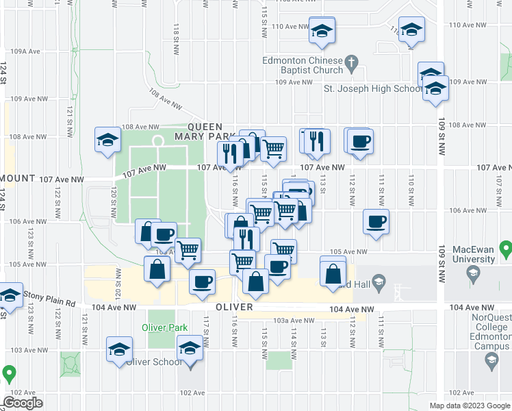 map of restaurants, bars, coffee shops, grocery stores, and more near 11506 106 Avenue Northwest in Edmonton