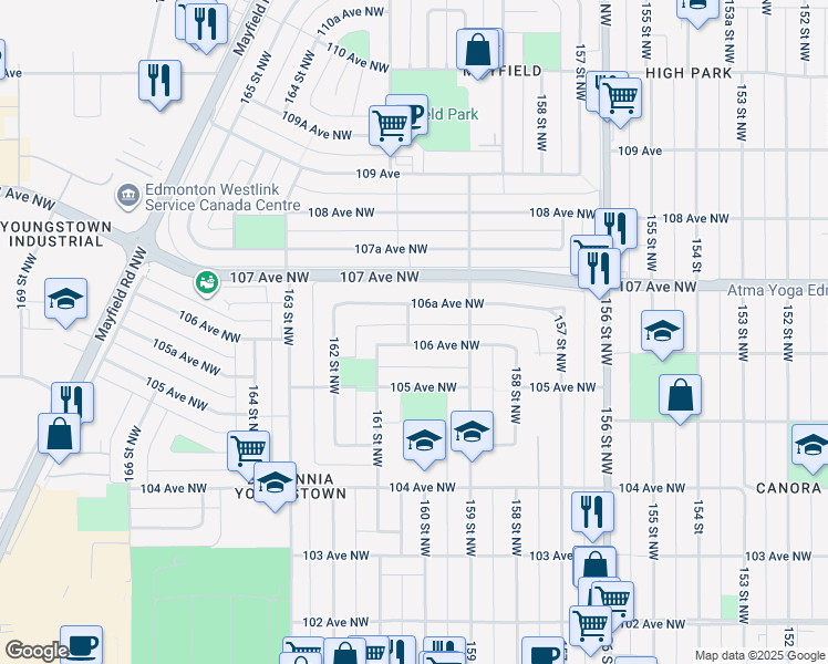 map of restaurants, bars, coffee shops, grocery stores, and more near 15942 106 Avenue Northwest in Edmonton