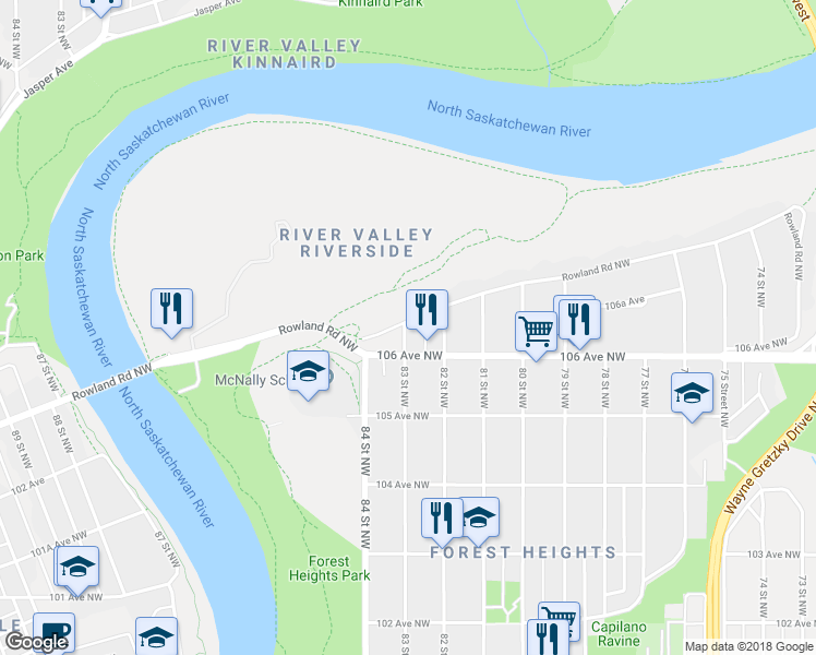 map of restaurants, bars, coffee shops, grocery stores, and more near 10639 83 Street Northwest in Edmonton