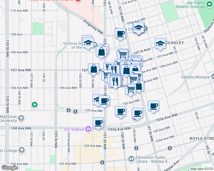 map of restaurants, bars, coffee shops, grocery stores, and more near 10605 101 Street Northwest in Edmonton
