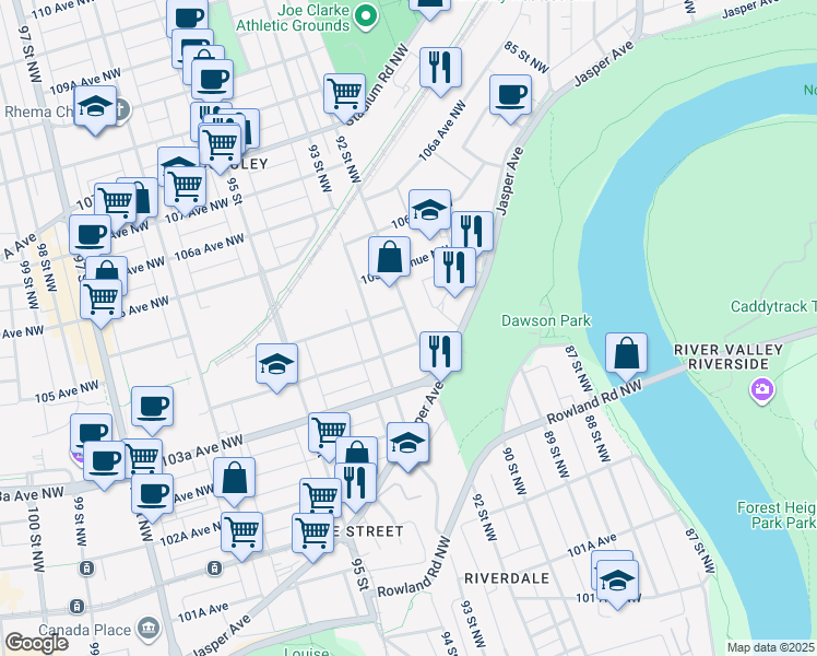map of restaurants, bars, coffee shops, grocery stores, and more near 10416 92 Street Northwest in Edmonton