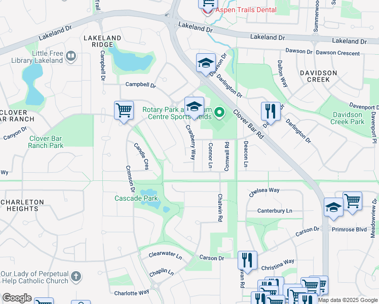 map of restaurants, bars, coffee shops, grocery stores, and more near 460 Cranberry Way in Sherwood Park