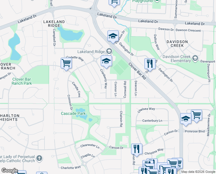 map of restaurants, bars, coffee shops, grocery stores, and more near 445 Cranberry Way in Sherwood Park