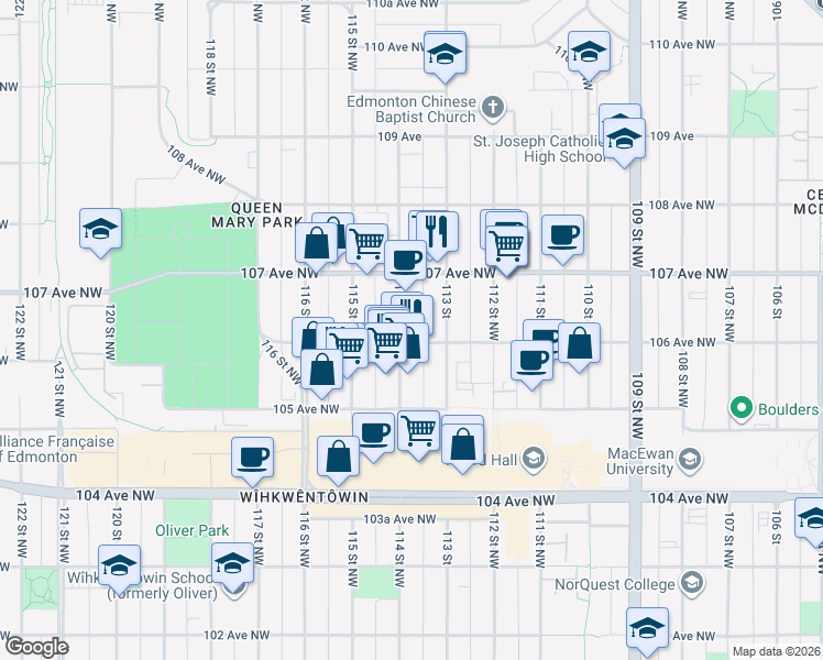 map of restaurants, bars, coffee shops, grocery stores, and more near 10607 114 Street Northwest in Edmonton