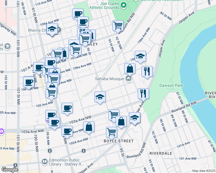 map of restaurants, bars, coffee shops, grocery stores, and more near in Edmonton
