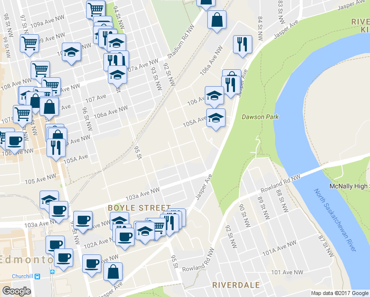 map of restaurants, bars, coffee shops, grocery stores, and more near 10434 93 Street Northwest in Edmonton