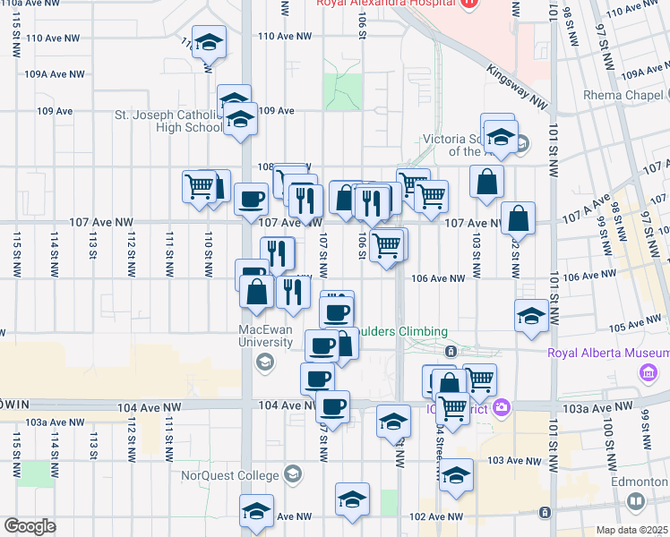 map of restaurants, bars, coffee shops, grocery stores, and more near 10608 106 Street in Edmonton