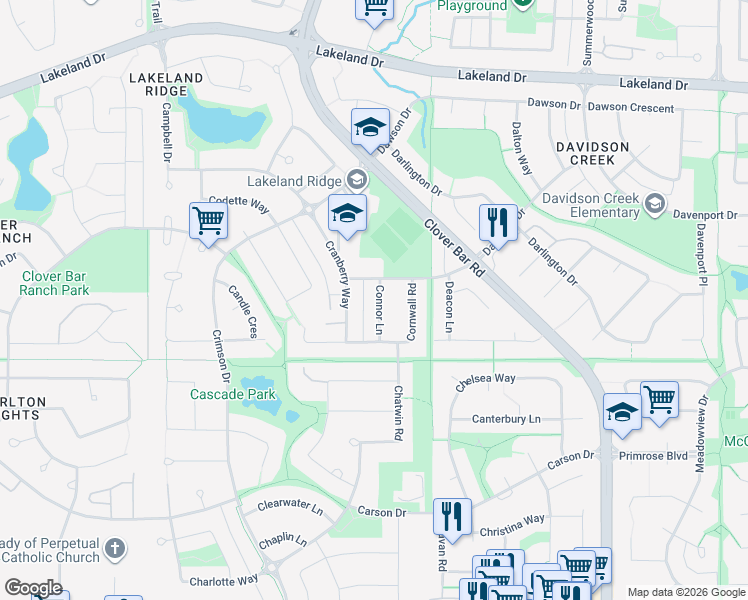 map of restaurants, bars, coffee shops, grocery stores, and more near 445 Cranberry Way in Sherwood Park