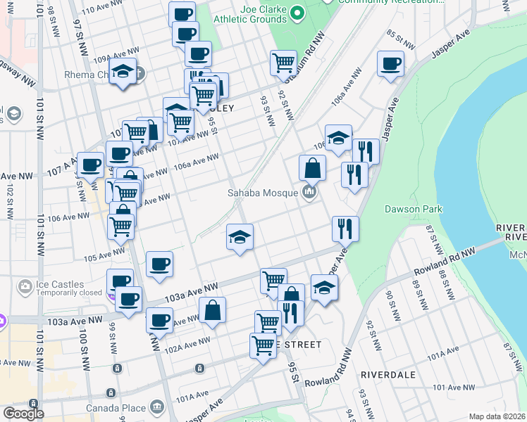 map of restaurants, bars, coffee shops, grocery stores, and more near in Edmonton