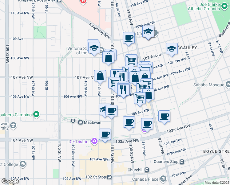 map of restaurants, bars, coffee shops, grocery stores, and more near 10605 101 Street Northwest in Edmonton