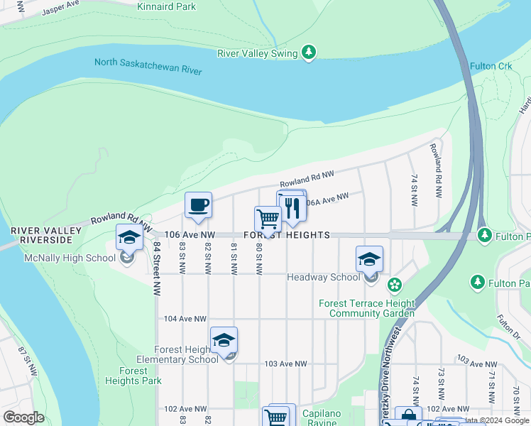 map of restaurants, bars, coffee shops, grocery stores, and more near 10627 80 Street Northwest in Edmonton