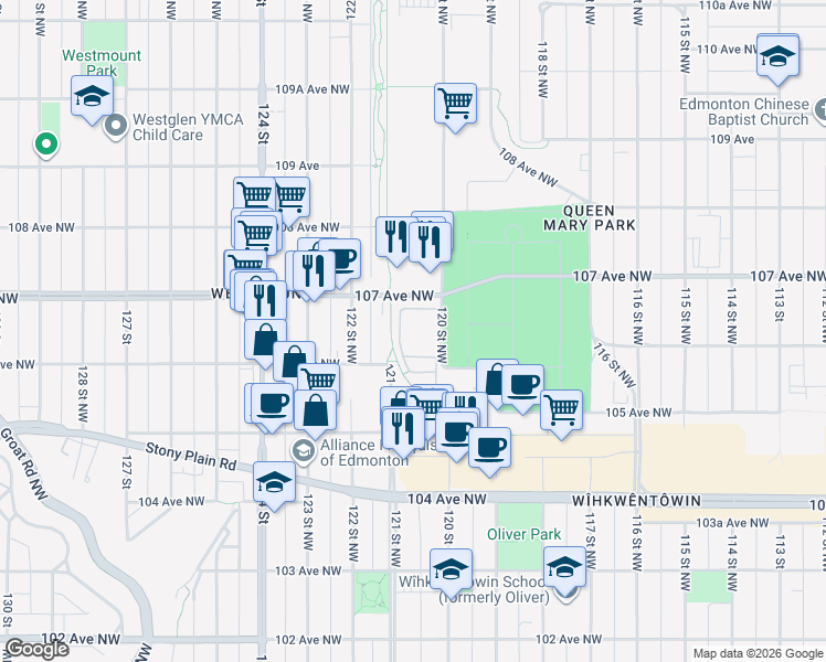 map of restaurants, bars, coffee shops, grocery stores, and more near 10636 120 Street in Edmonton