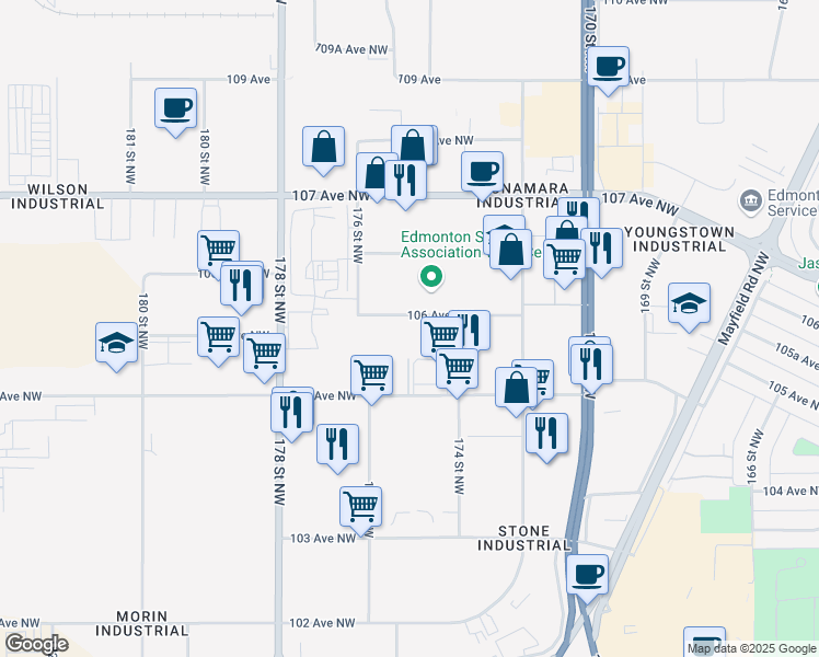 map of restaurants, bars, coffee shops, grocery stores, and more near 17307 106 Avenue Northwest in Edmonton