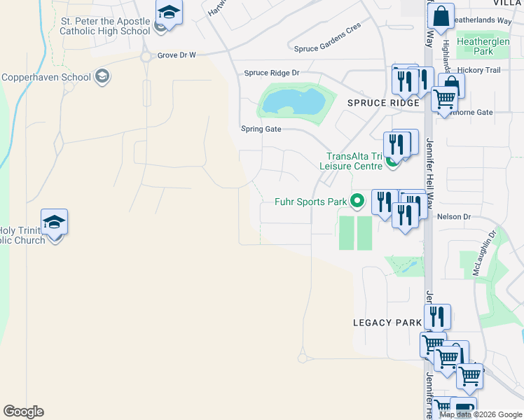 map of restaurants, bars, coffee shops, grocery stores, and more near 76 Springwood Way in Spruce Grove