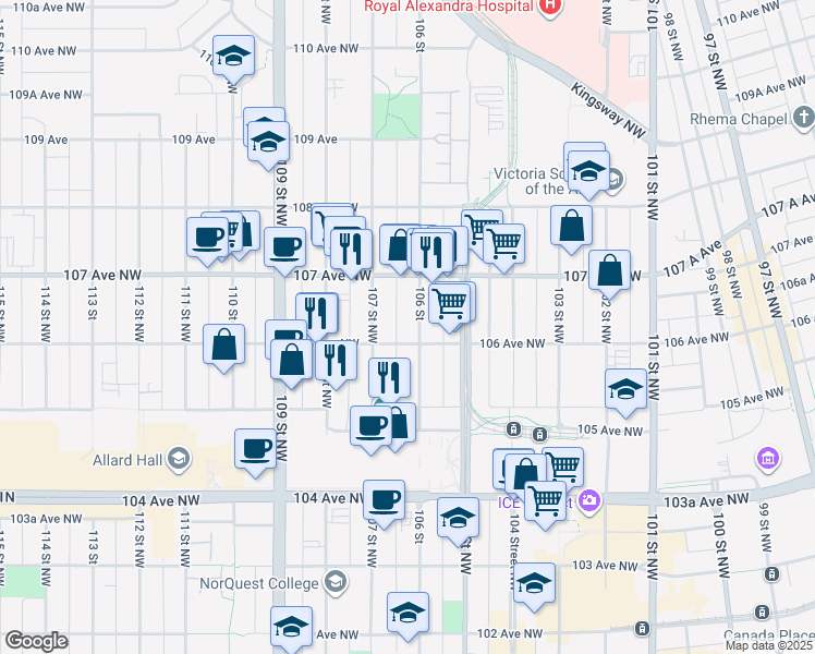 map of restaurants, bars, coffee shops, grocery stores, and more near 10608 106 Street in Edmonton