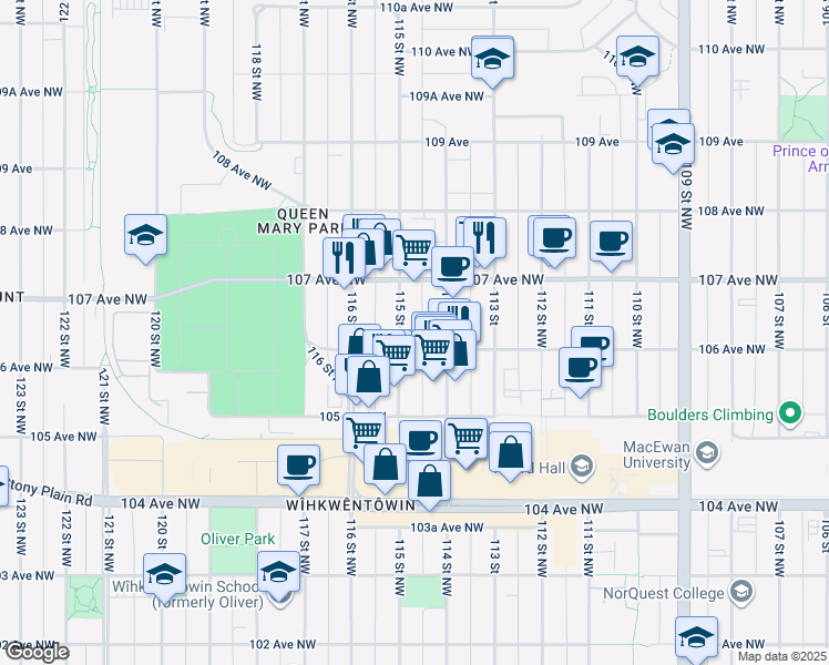 map of restaurants, bars, coffee shops, grocery stores, and more near 10620 114 Street Northwest in Edmonton