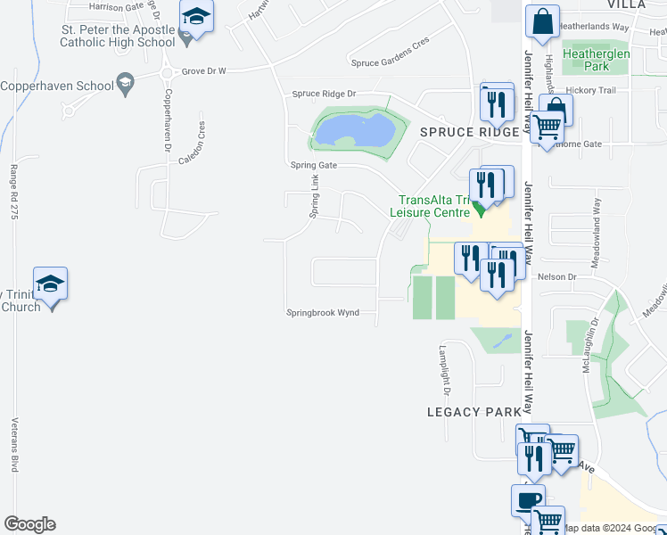 map of restaurants, bars, coffee shops, grocery stores, and more near 31 Springwood Way in Spruce Grove