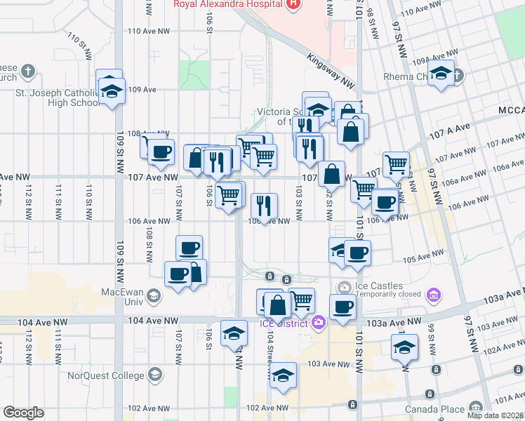 map of restaurants, bars, coffee shops, grocery stores, and more near 10607 104 Street Northwest in Edmonton