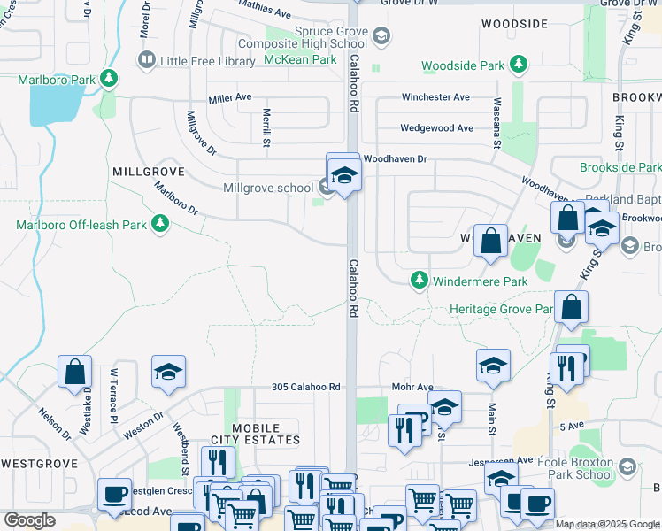 map of restaurants, bars, coffee shops, grocery stores, and more near 789 Calahoo Road in Spruce Grove