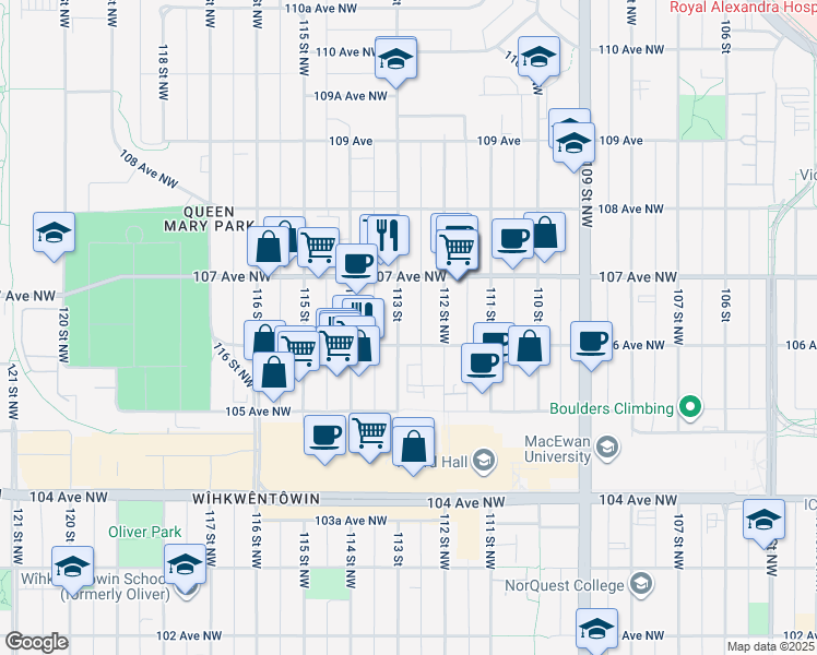 map of restaurants, bars, coffee shops, grocery stores, and more near 10615 113 Street in Edmonton
