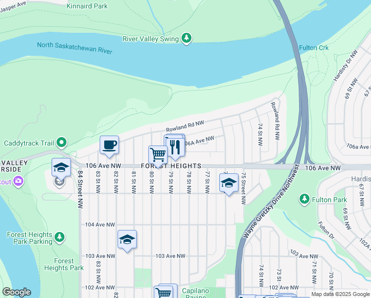 map of restaurants, bars, coffee shops, grocery stores, and more near 8525 106A Avenue Northwest in Edmonton