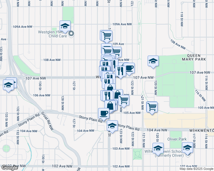 map of restaurants, bars, coffee shops, grocery stores, and more near 10616 124 Street in Edmonton
