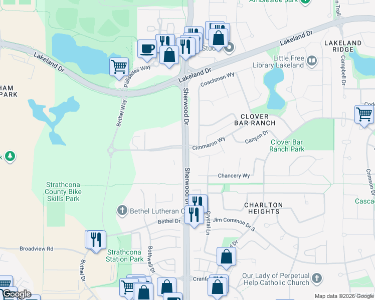 map of restaurants, bars, coffee shops, grocery stores, and more near 40 Sherwood Drive in Sherwood Park