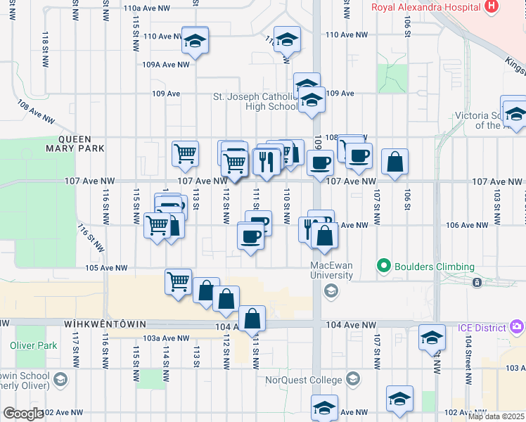 map of restaurants, bars, coffee shops, grocery stores, and more near 10615 111 Street Northwest in Edmonton