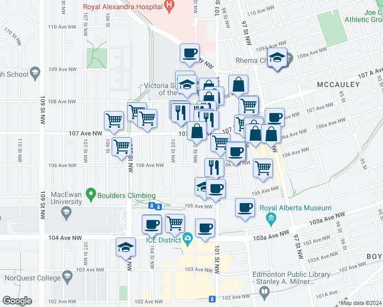 map of restaurants, bars, coffee shops, grocery stores, and more near in Edmonton